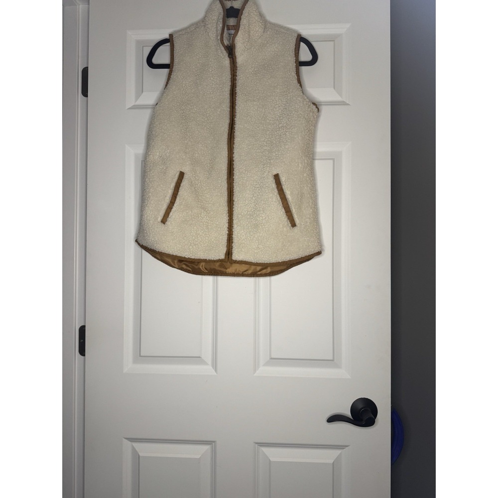 Old Navy Small Fleece Sherpa Zip Front Lined Vest Cream Brown Cabin Core